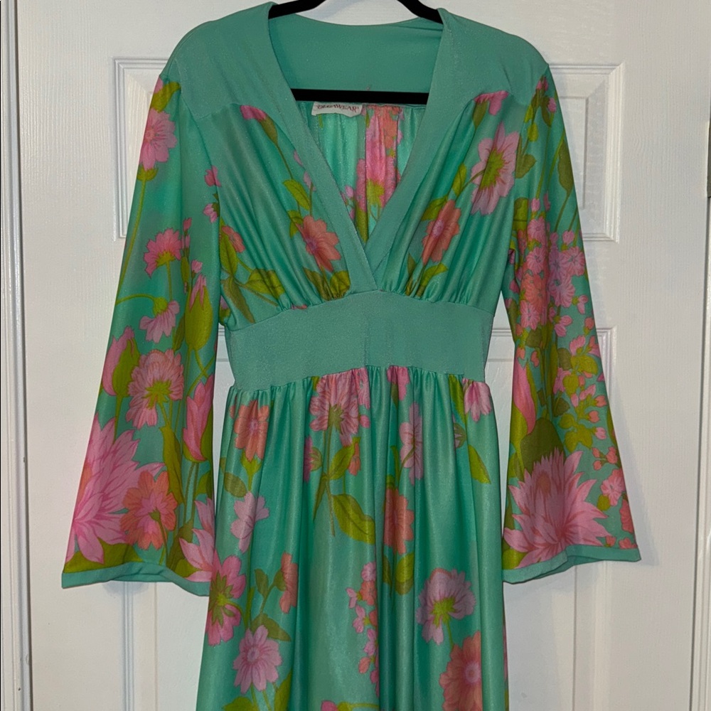Vintage 1970’s Pink and Blue Floral Maxi Dress Olga Wear